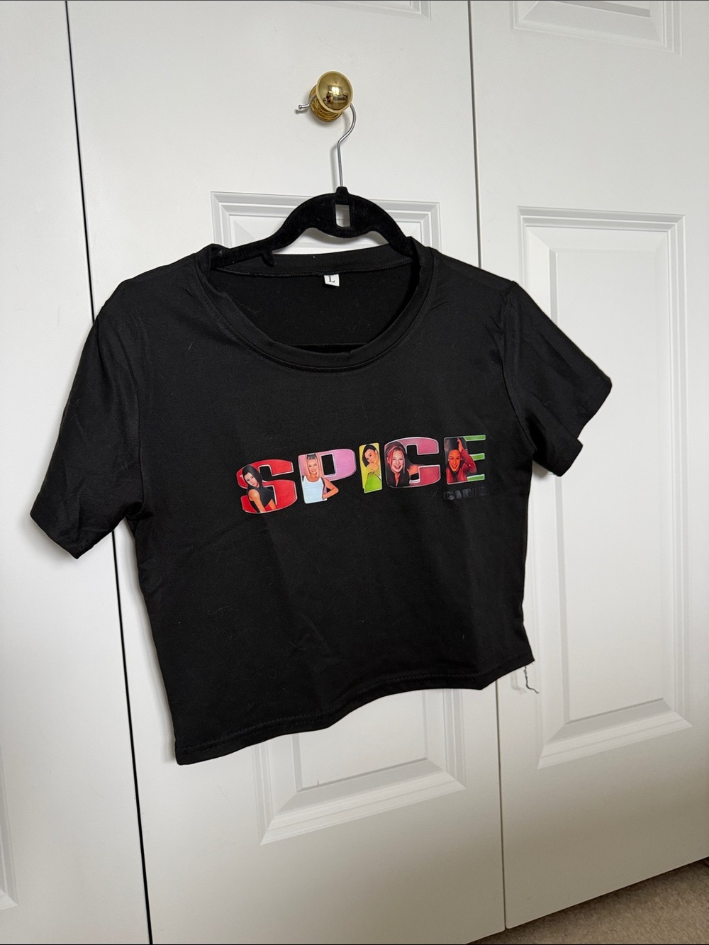 SHEIN Black Crop Top with Multicolor 'SPICE' Graphic